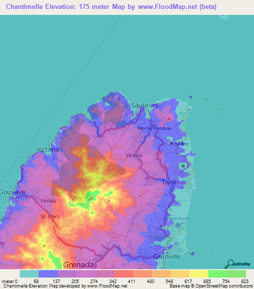 Chantimelle,Grenada Elevation Map