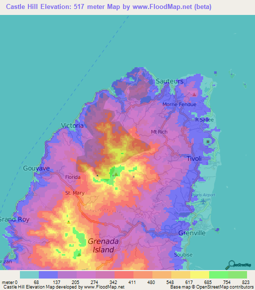 Castle Hill,Grenada Elevation Map