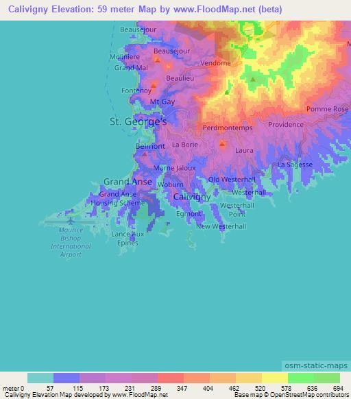 Calivigny,Grenada Elevation Map