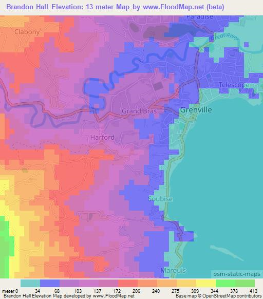Brandon Hall,Grenada Elevation Map