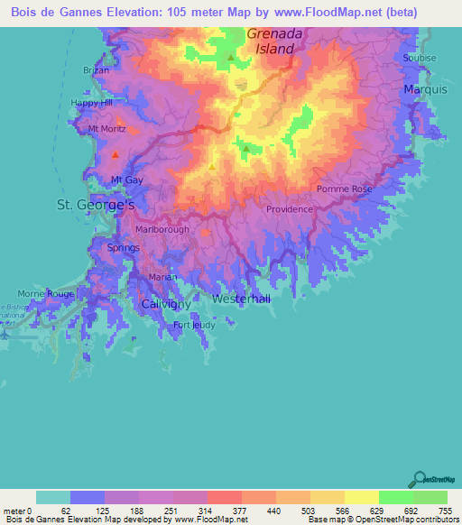 Bois de Gannes,Grenada Elevation Map