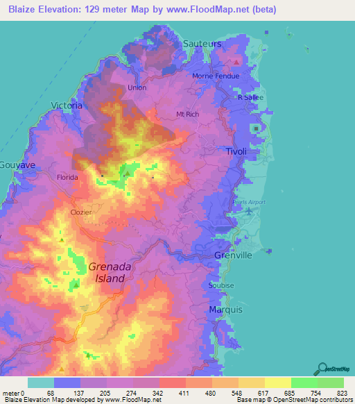 Blaize,Grenada Elevation Map