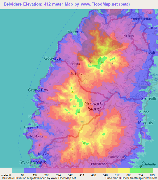 Belvidere,Grenada Elevation Map