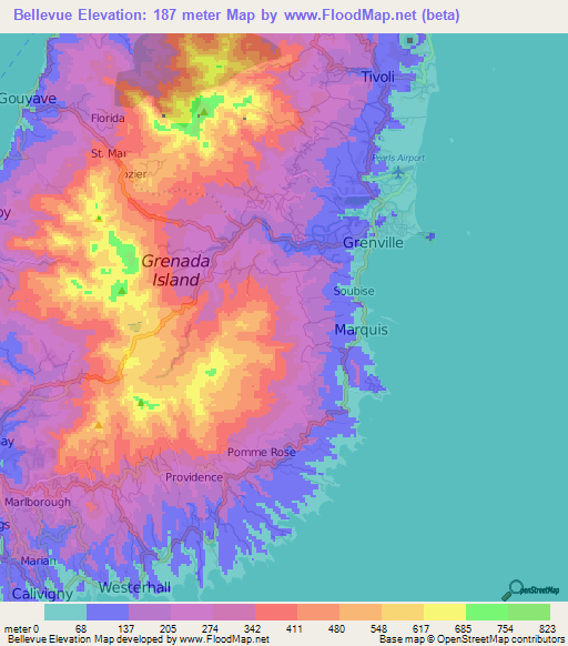 Bellevue,Grenada Elevation Map