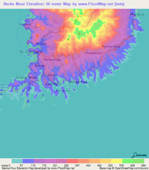 Becke Moui,Grenada Elevation Map