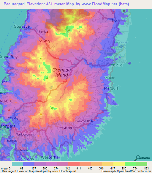 Beauregard,Grenada Elevation Map