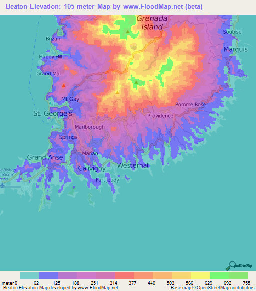 Beaton,Grenada Elevation Map