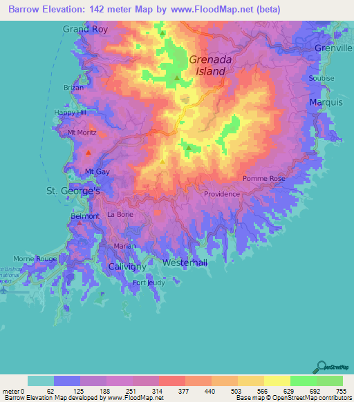 Barrow,Grenada Elevation Map