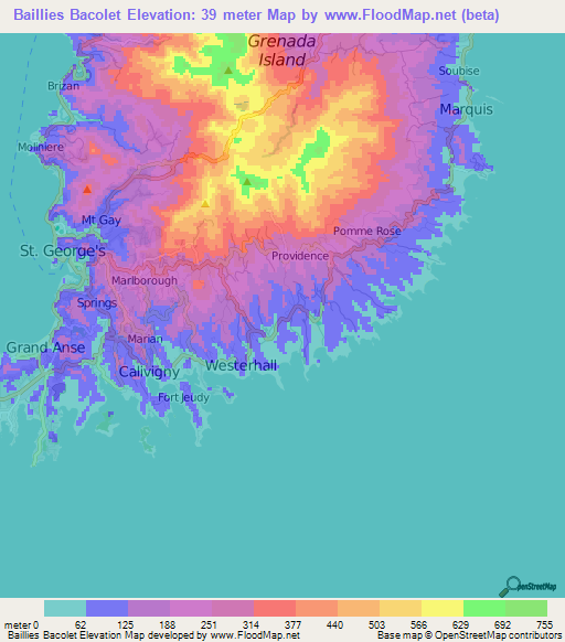 Baillies Bacolet,Grenada Elevation Map