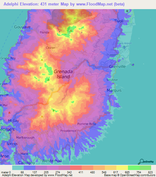 Adelphi,Grenada Elevation Map