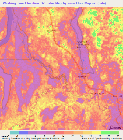Washing Tree,Belize Elevation Map