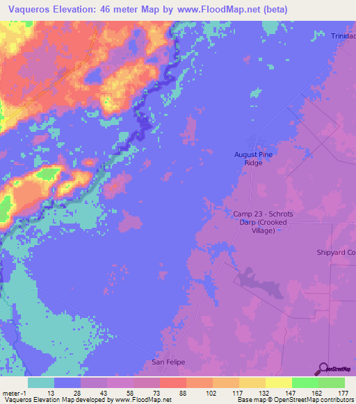 Vaqueros,Belize Elevation Map