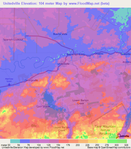 Unitedville,Belize Elevation Map