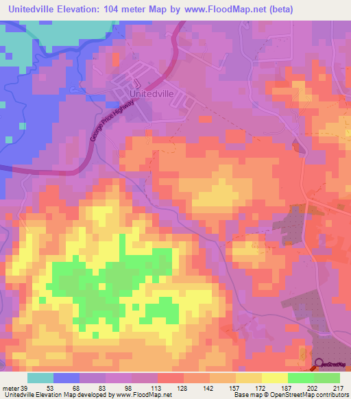 Unitedville,Belize Elevation Map