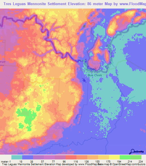 Tres Leguas Mennonite Settlement,Belize Elevation Map