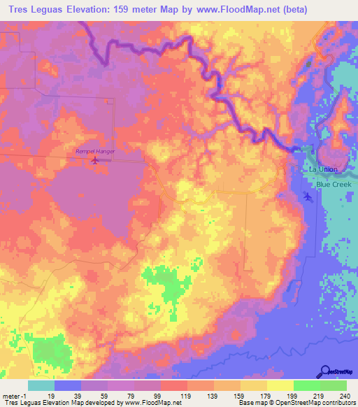 Tres Leguas,Belize Elevation Map
