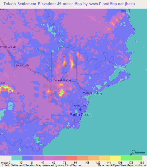 Toledo Settlement,Belize Elevation Map