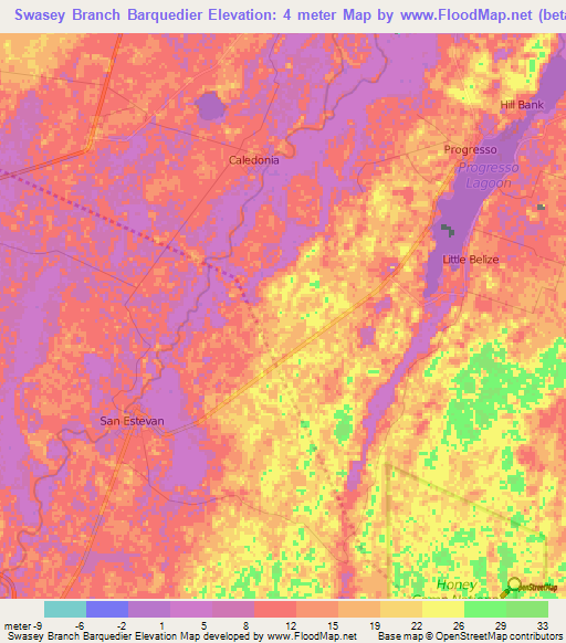 Swasey Branch Barquedier,Belize Elevation Map