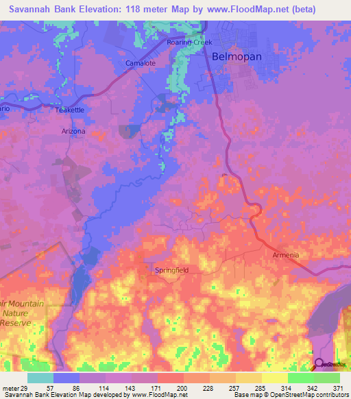 Savannah Bank,Belize Elevation Map