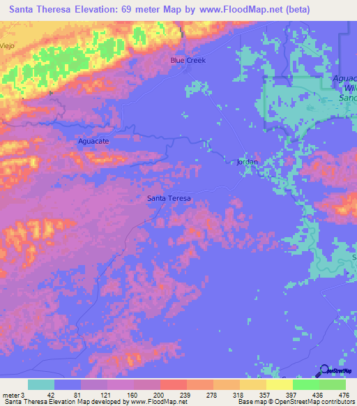 Santa Theresa,Belize Elevation Map
