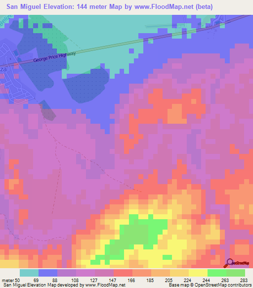 San Miguel,Belize Elevation Map