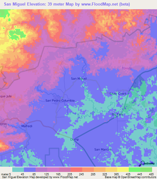 San Miguel,Belize Elevation Map