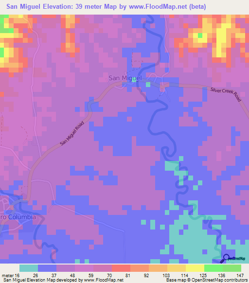San Miguel,Belize Elevation Map