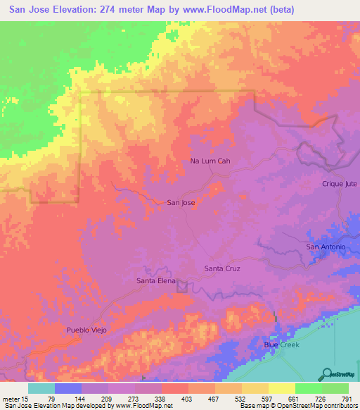 San Jose,Belize Elevation Map