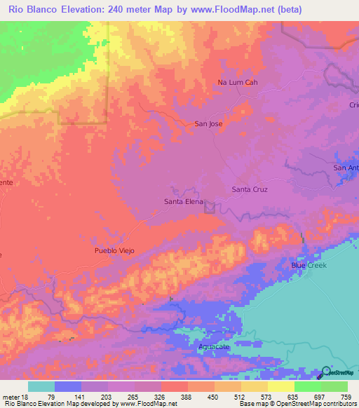 Rio Blanco,Belize Elevation Map