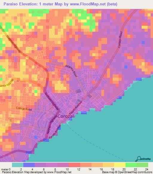 Paraiso,Belize Elevation Map