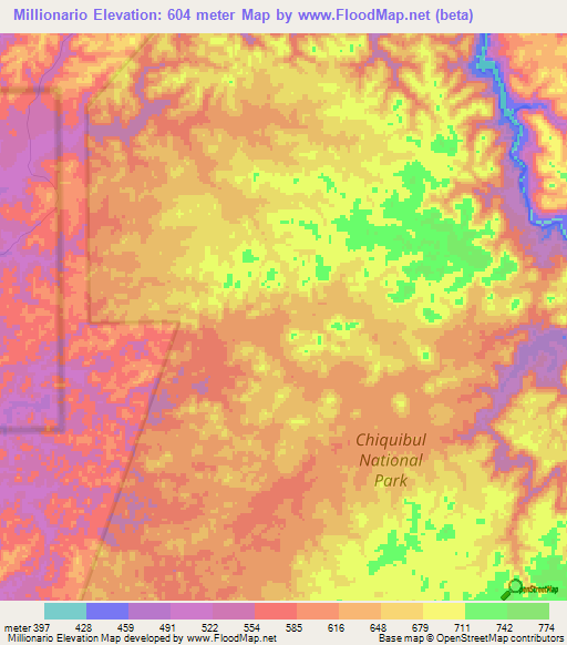 Millionario,Belize Elevation Map