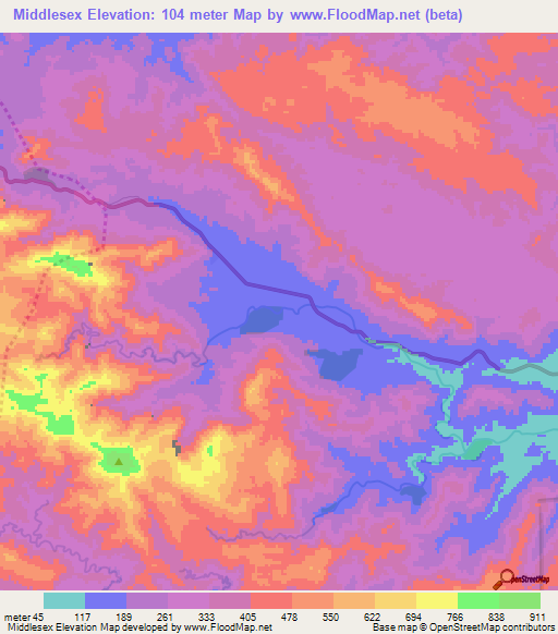 Middlesex,Belize Elevation Map