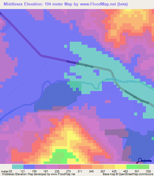 Middlesex,Belize Elevation Map