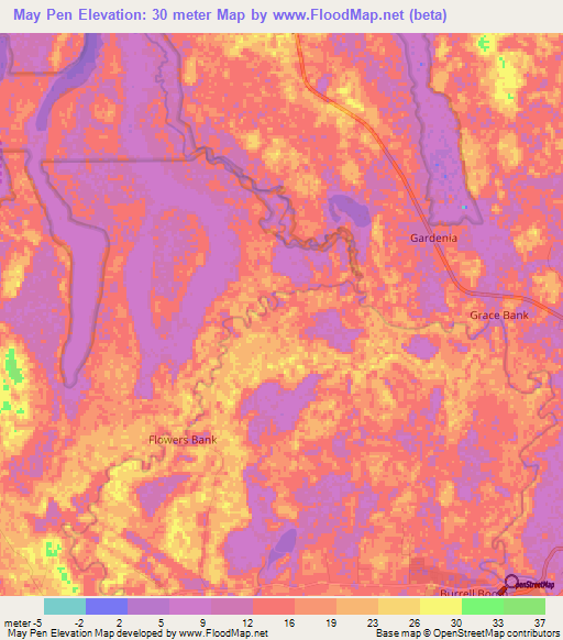 May Pen,Belize Elevation Map