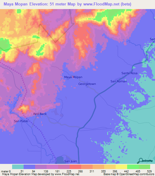 Maya Mopan,Belize Elevation Map