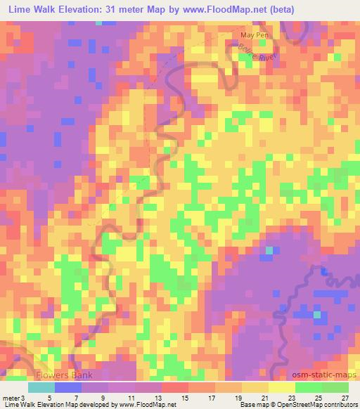 Lime Walk,Belize Elevation Map