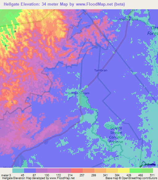 Hellgate,Belize Elevation Map