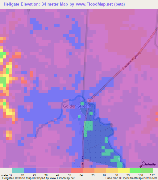Hellgate,Belize Elevation Map