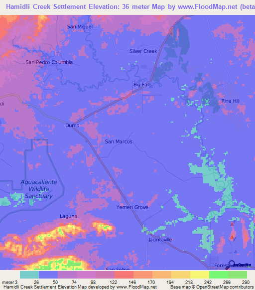 Hamidli Creek Settlement,Belize Elevation Map