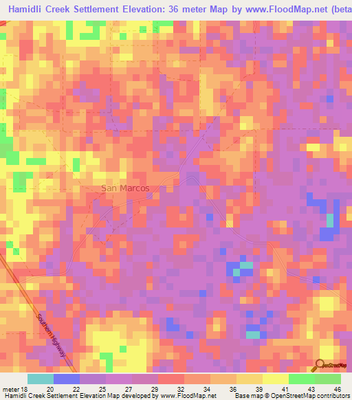 Hamidli Creek Settlement,Belize Elevation Map