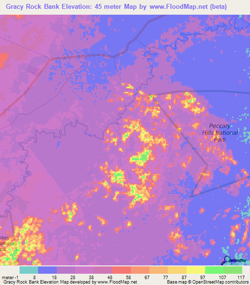 Gracy Rock Bank,Belize Elevation Map