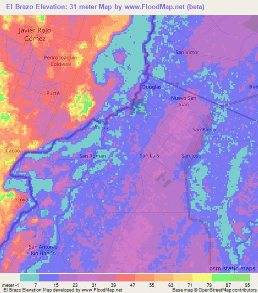 El Brazo,Belize Elevation Map