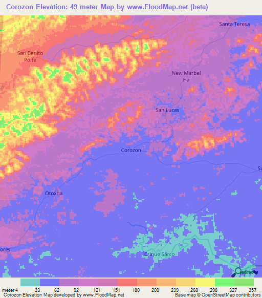 Corozon,Belize Elevation Map