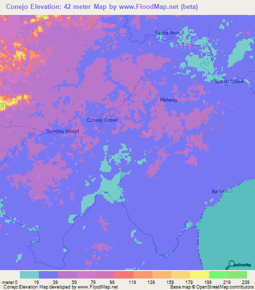 Conejo,Belize Elevation Map
