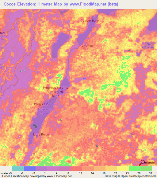 Cocos,Belize Elevation Map