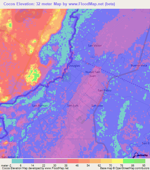 Cocos,Belize Elevation Map