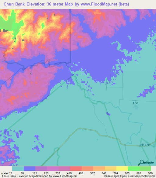 Chun Bank,Belize Elevation Map