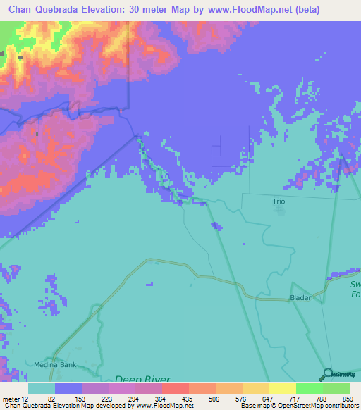 Chan Quebrada,Belize Elevation Map