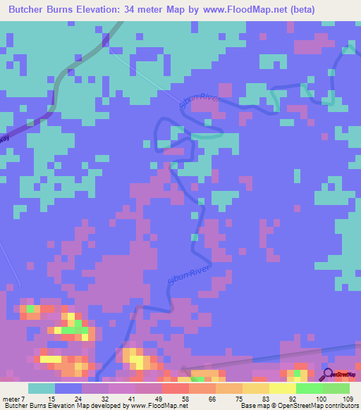 Butcher Burns,Belize Elevation Map