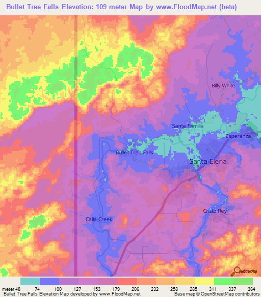 Bullet Tree Falls,Belize Elevation Map
